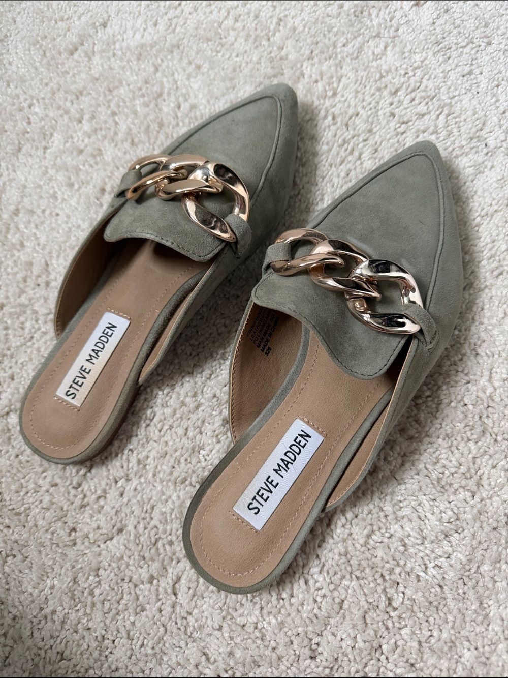 Steve Madden Olive Green Chain-Embellished Slip-On Mules